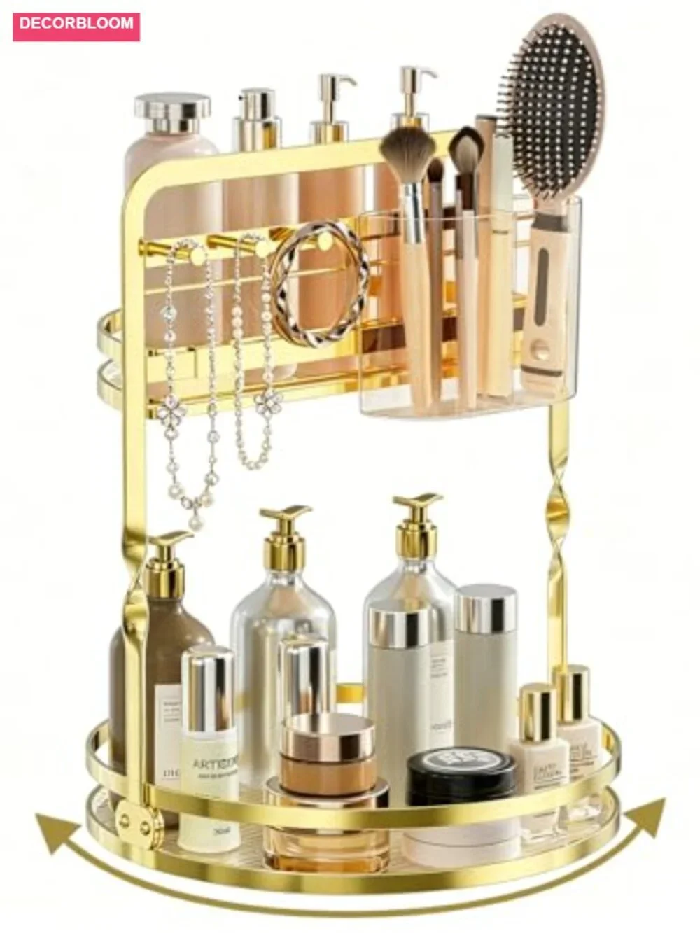 2-Tier Gold Rotating Makeup Organizer with Brush Holder & Jewelry Hooks